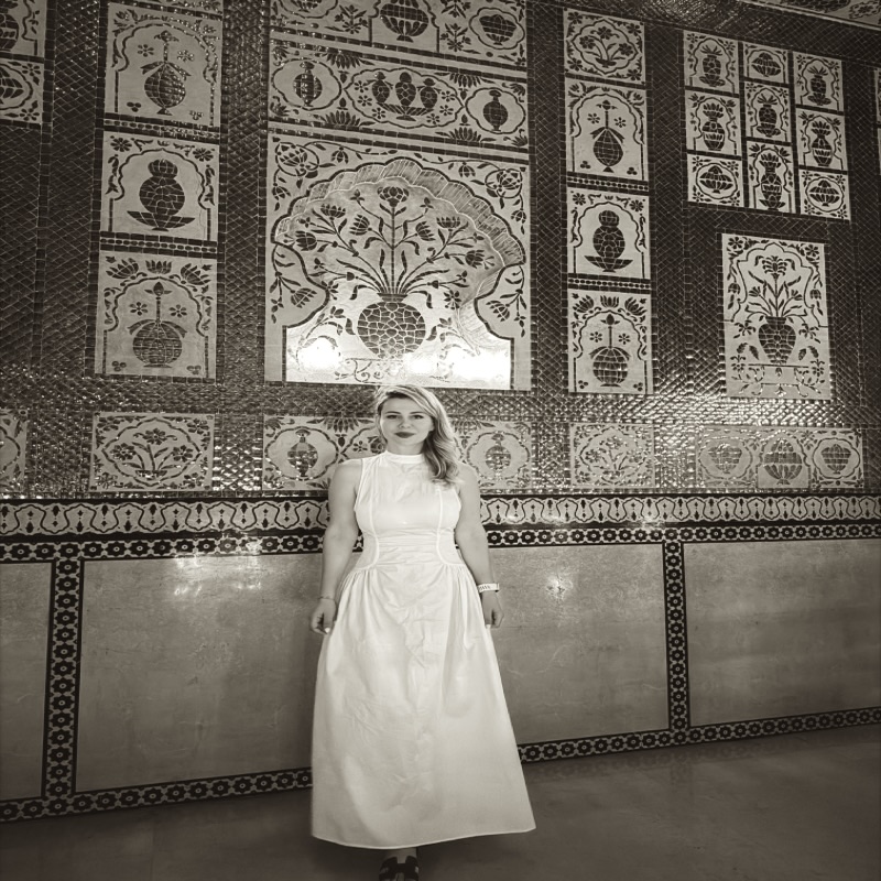 A hall clad in mirror mosaic and floral motifs, India