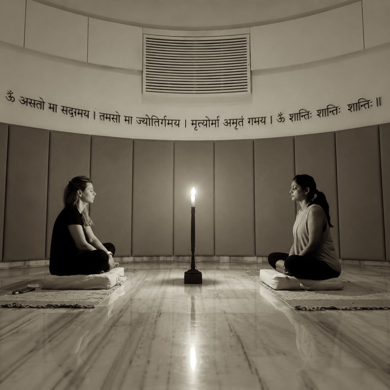 Candlelit meditation in the hall with Sanskrit inscription