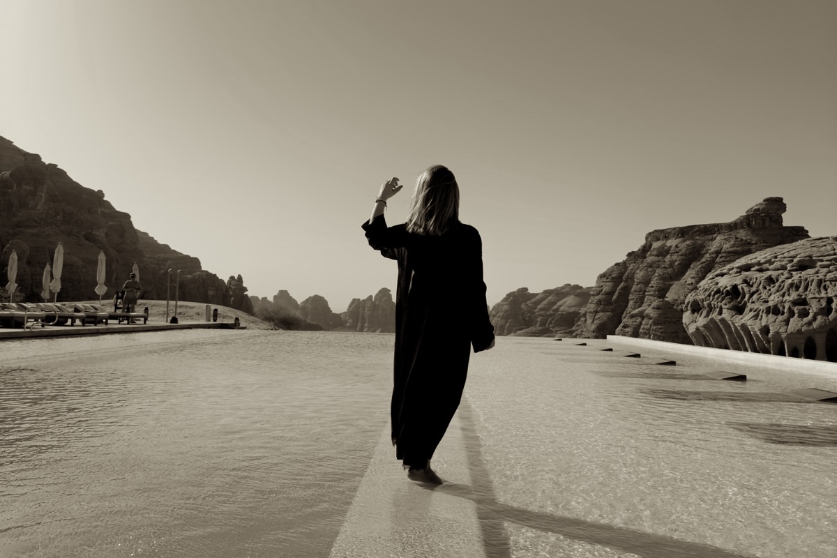 The pool causeway before the AlUla cliffs, Saudi Arabia