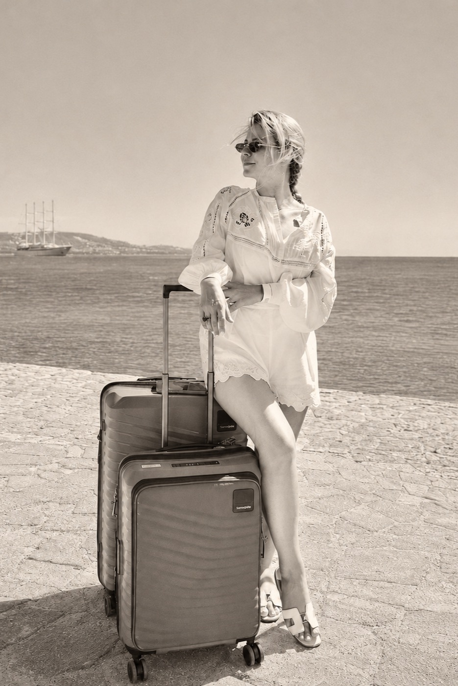 Laura Ferati with her suitcases at the port, ready to leave