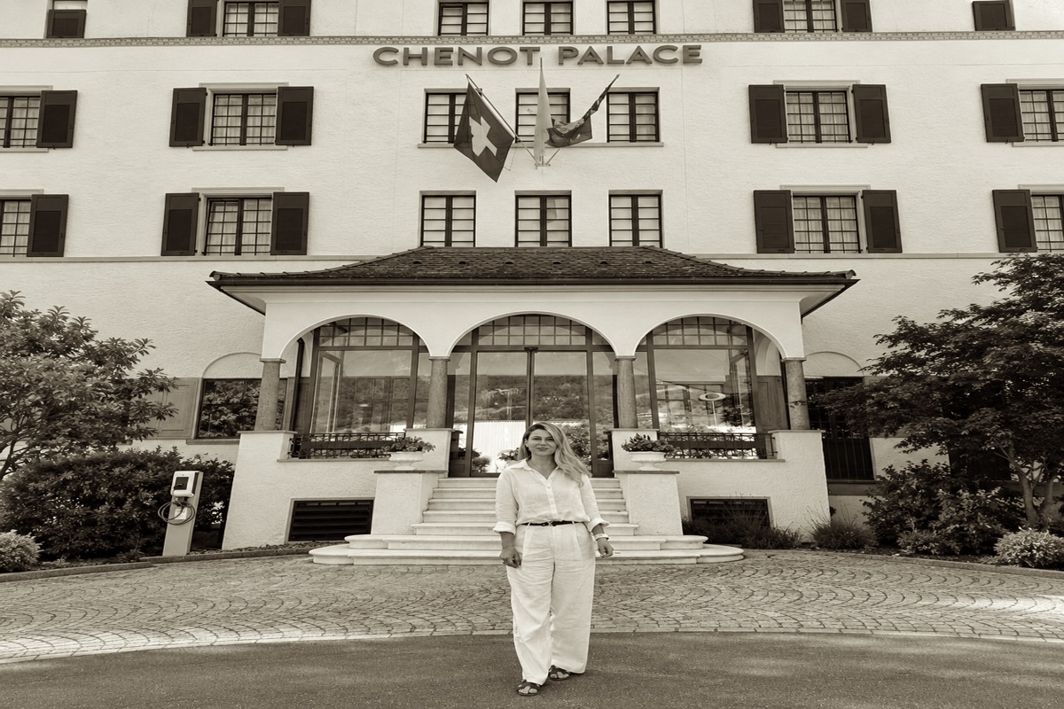 Laura Ferati at the entrance of Chenot Palace, Switzerland